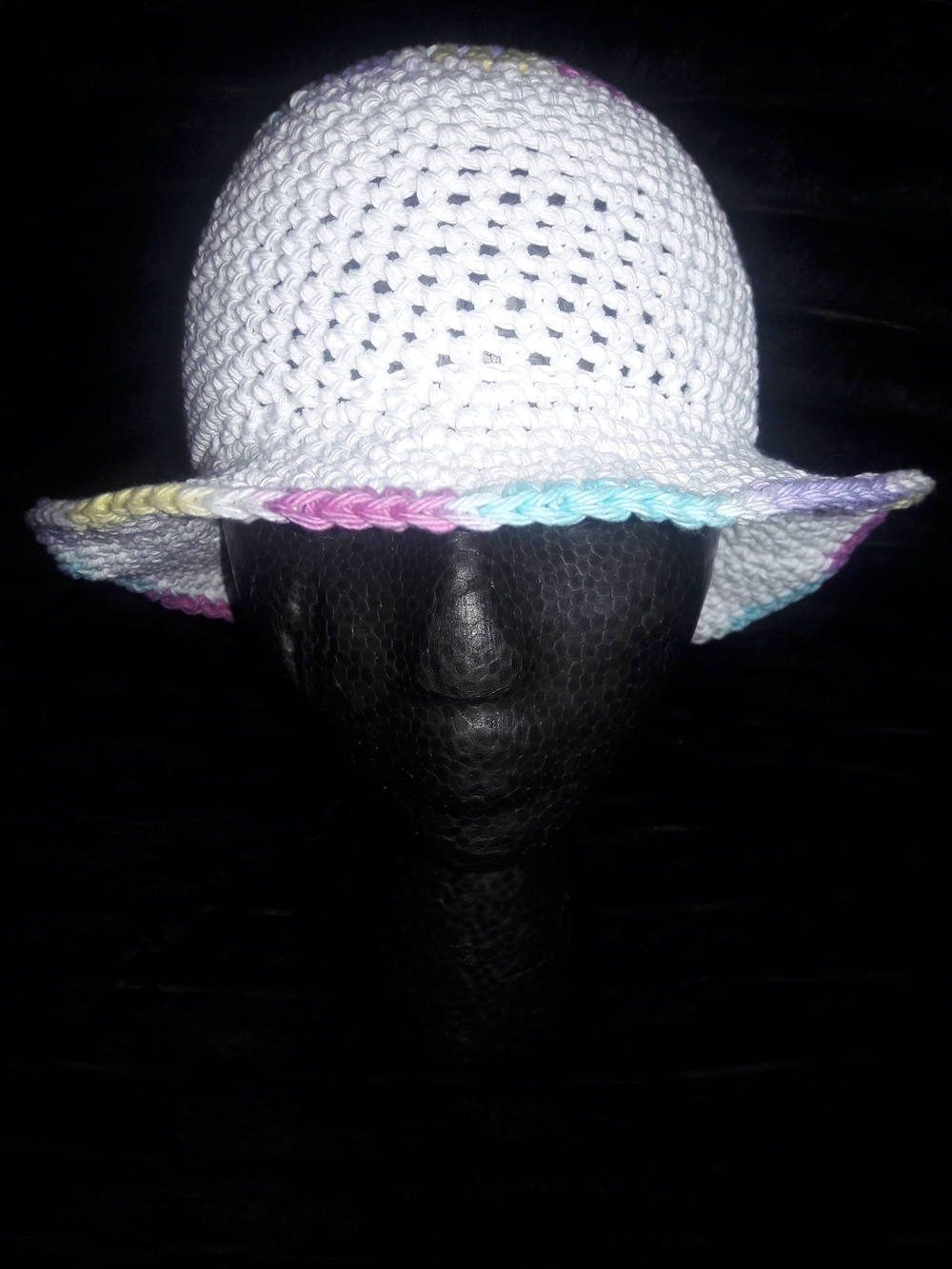 White Crochet Sun Hat with Pastel Trim - Women's Accessory